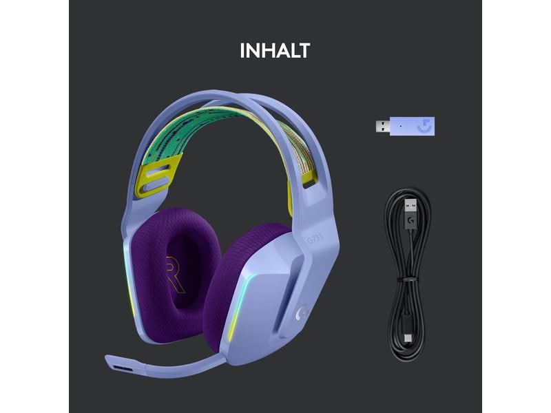 Logitech Headset G733 Lightspeed Lila Wireless-Gaming-Headset mit DTS 7.1 Surround-Sound und RGB Beleuchtung