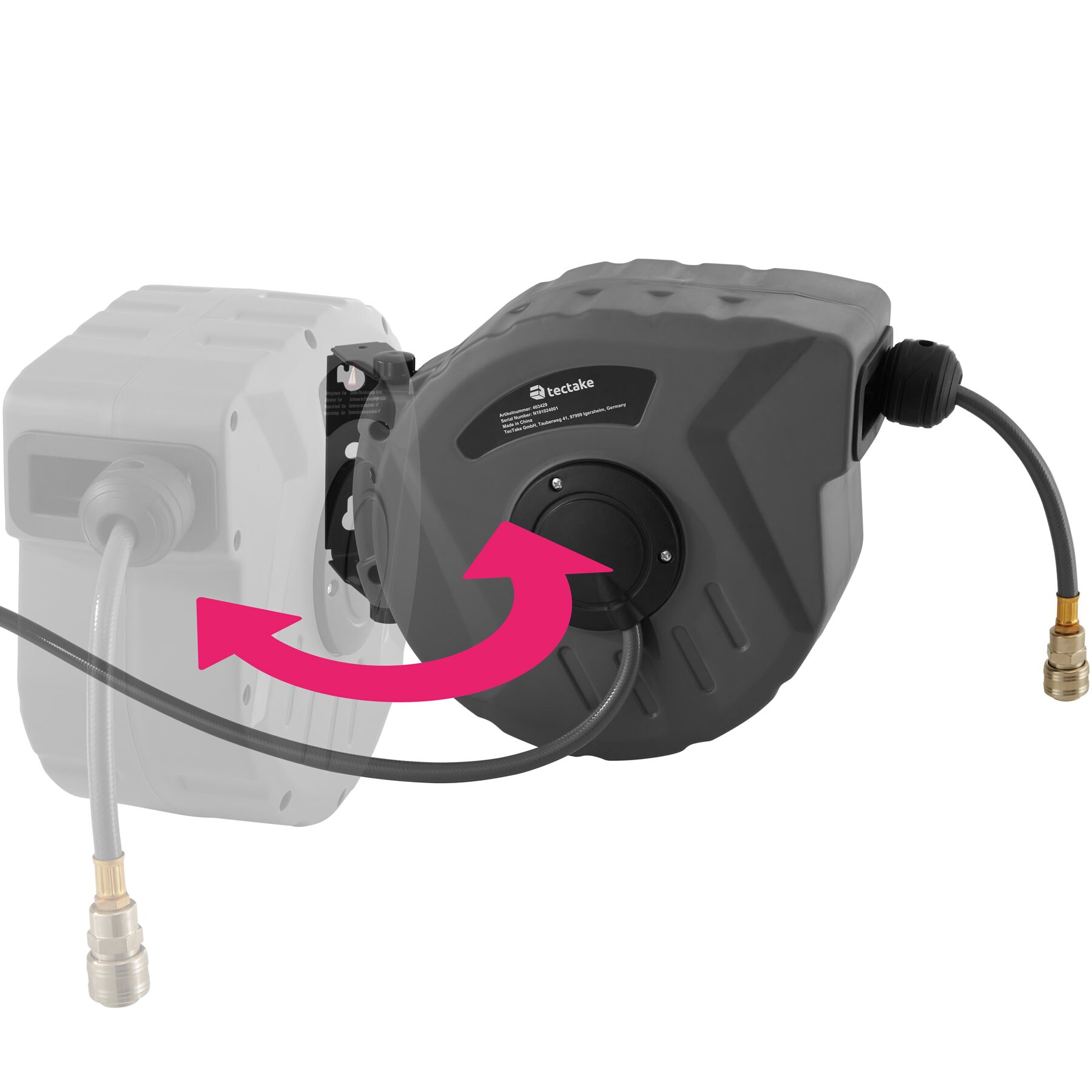 tectake® Druckluftschlauch mit Trommel, mit ¼ Zoll Schnellkupplung, Drehbereich 180°, inklusive Montagematerial