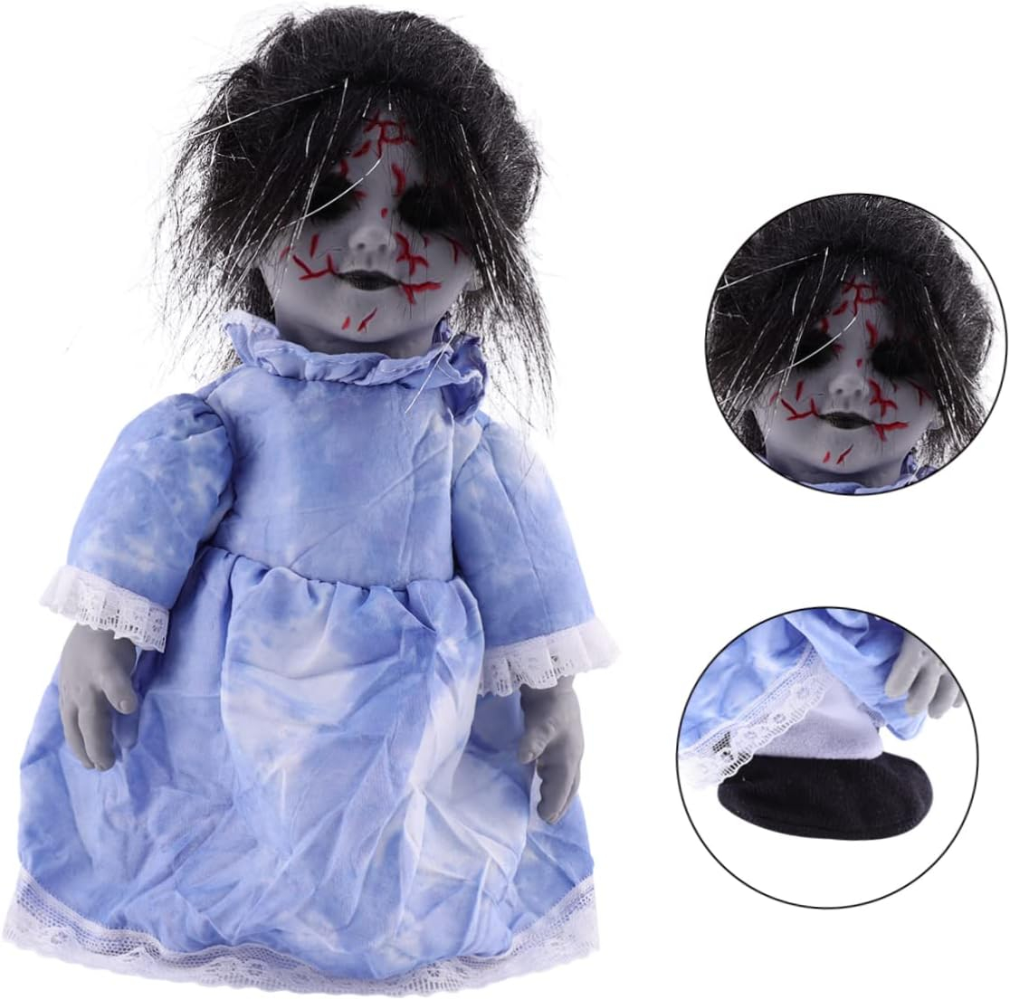 (30cm) Halloween Horror Puppe Party Deko Laufende Babypuppe mit Grusel Musik / Licht (Batteriebetrieben) - Blau / Schwarz