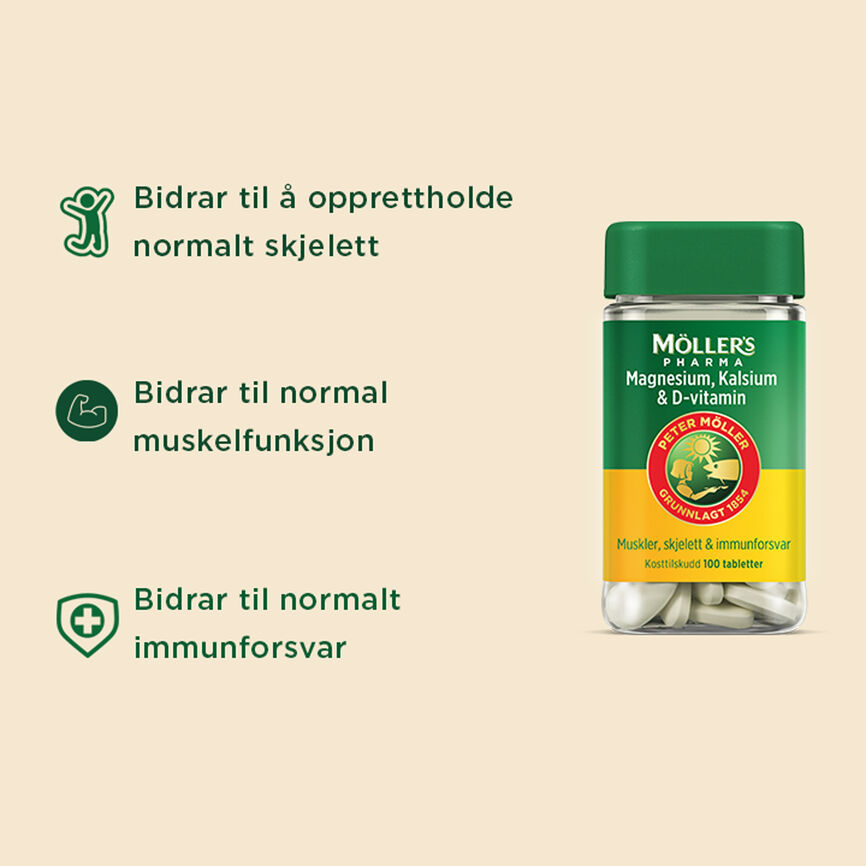 Möller's Pharma Magnesium, Kalsium og D-vitamin 100 tabletter