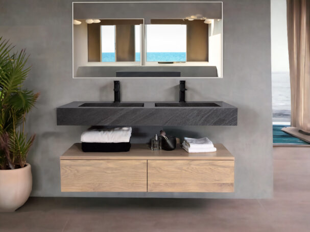 B-Stone LC eiken wastafel onderkast met grijze sintered stone dubbele wastafel 120cm 2 lades