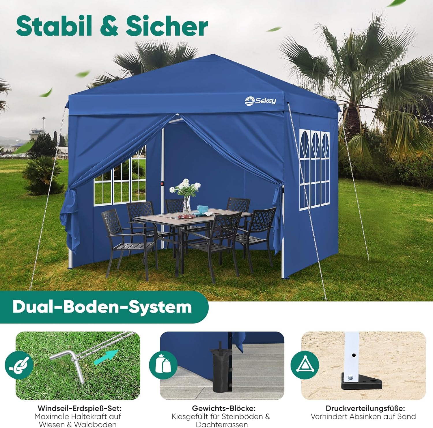 Sekey Pop Up Pavillon 3x3 Wasserdicht Stabil Winterfest, Faltpavillon 3 x 3 m, Camping Pavillion Faltbar Partyzelt mit Seitenwänden, Höhe Verstellbar in 3 Stufen, (Navy, Höhe 260)