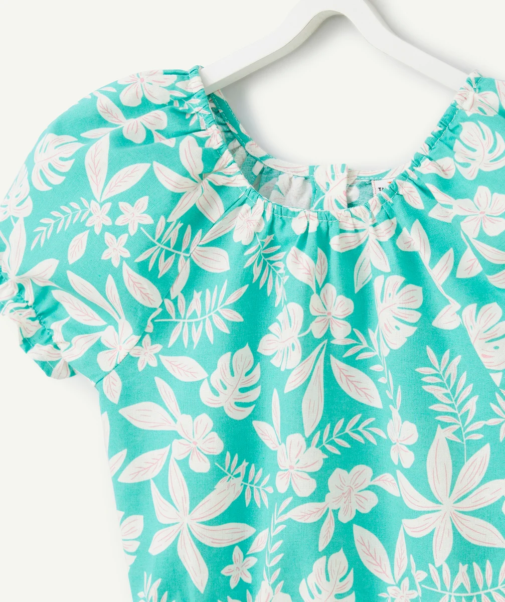 blouse manches courtes fille verte avec imprimé hawaïen