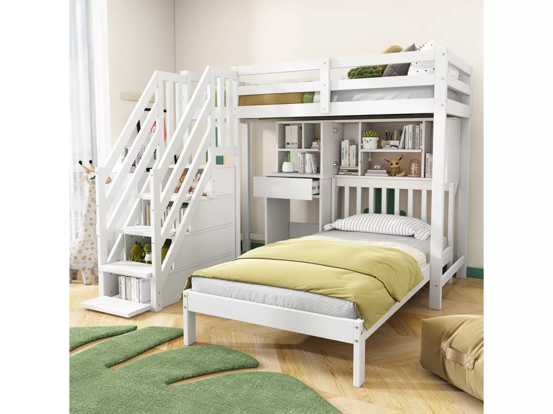 Lits superposés multifonctionnel pour enfant - 2 x 90 x 200 - 4 rangement dans l'escalier - avec bureau et tiroir - pin - blanc