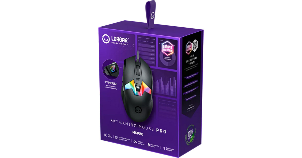 LORGARMSP80 gaming muis  (Zwart, 100 - 26000 dpi, RGB, RGB display)