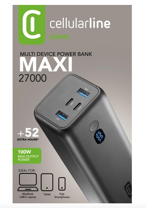 (100W) 27000mAh Dual USB A / USB C Powerbank Power Delivery Ladegerät mit LED Anzeige (PBMAXIIT27000K) - Grau