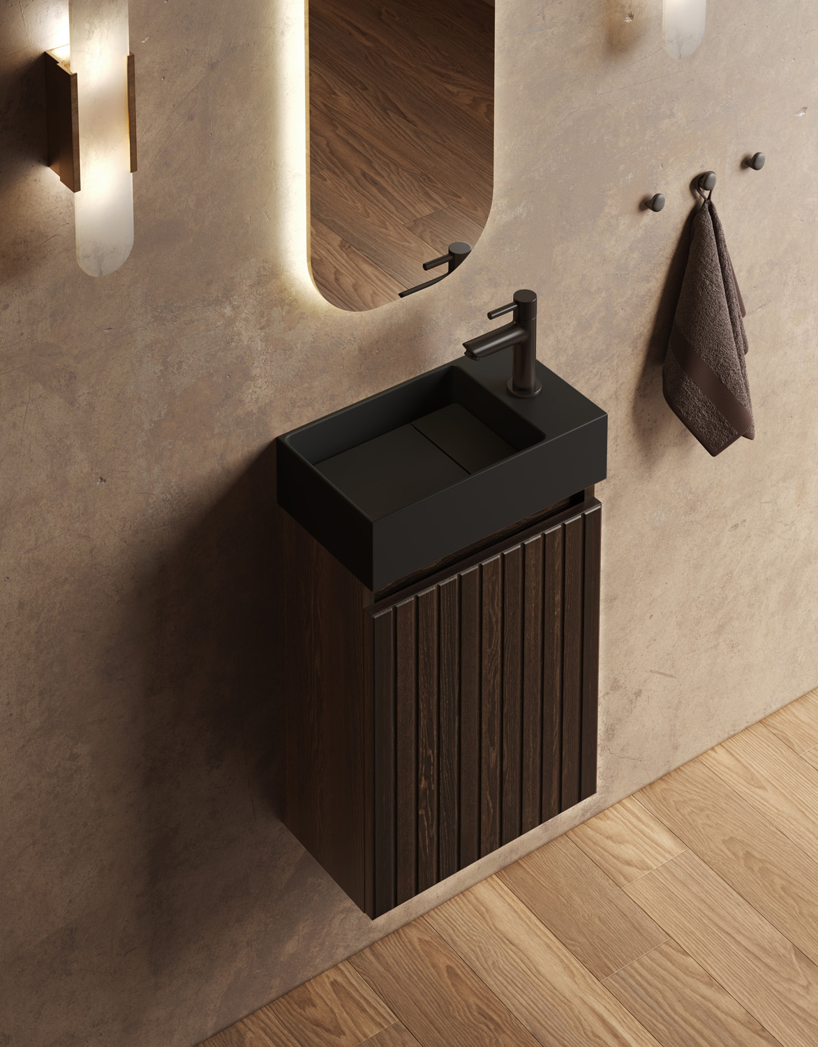 Fontana Itsie toiletmeubel kasteel bruin ribbelfront 40cm met fontein in mat zwart