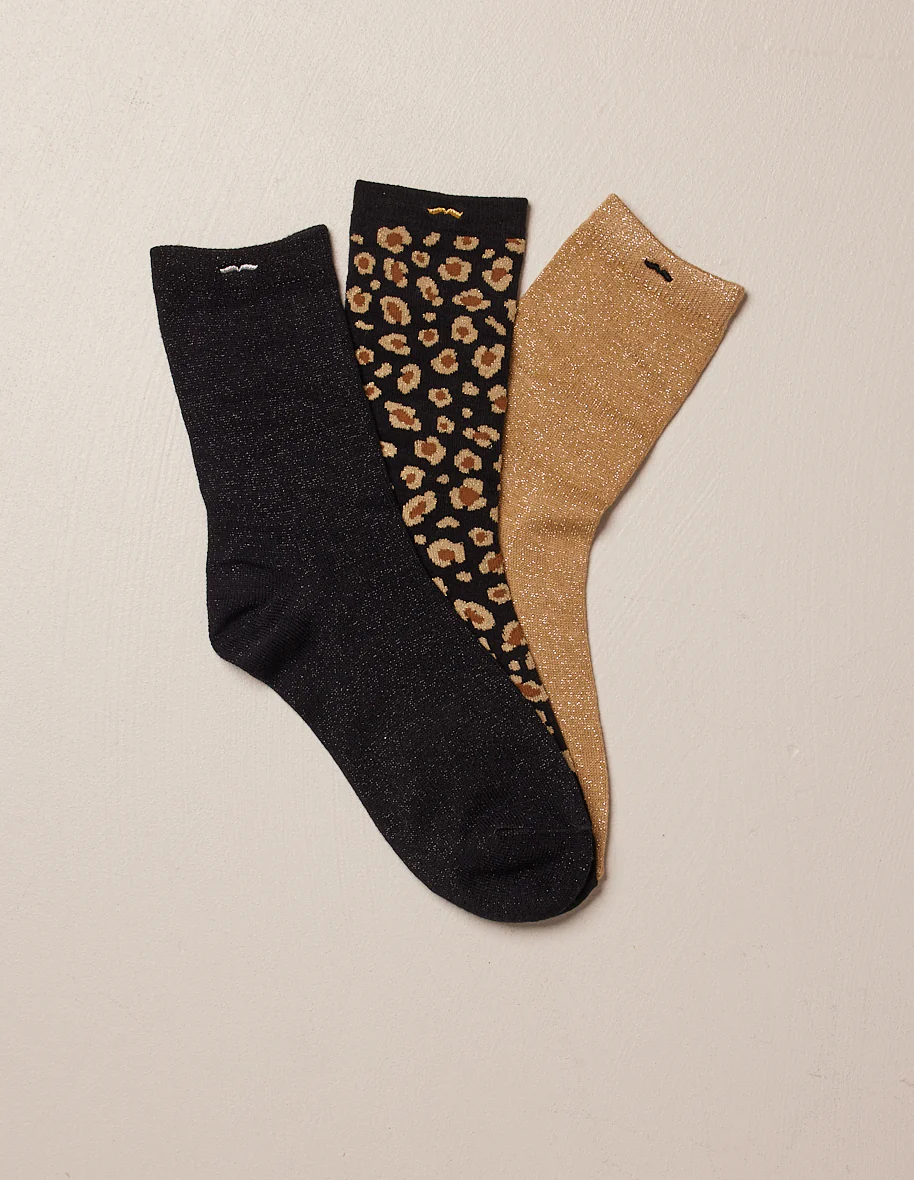 Pack de 3 chaussettes - Léopard Noir doré
