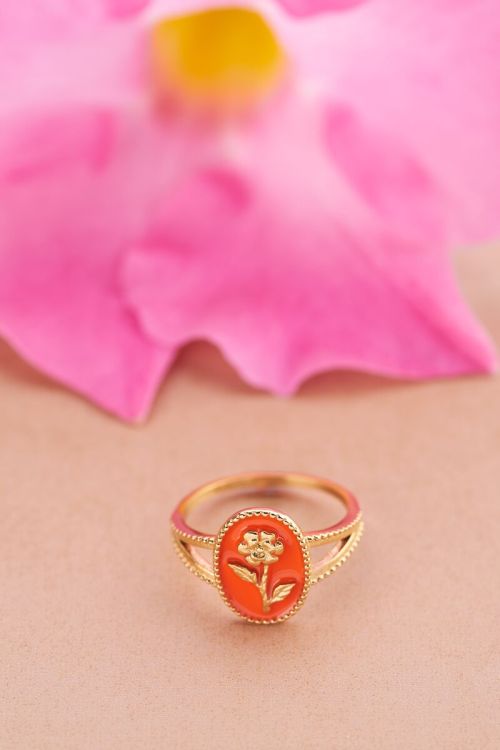 Art oranje statement ring met bloem