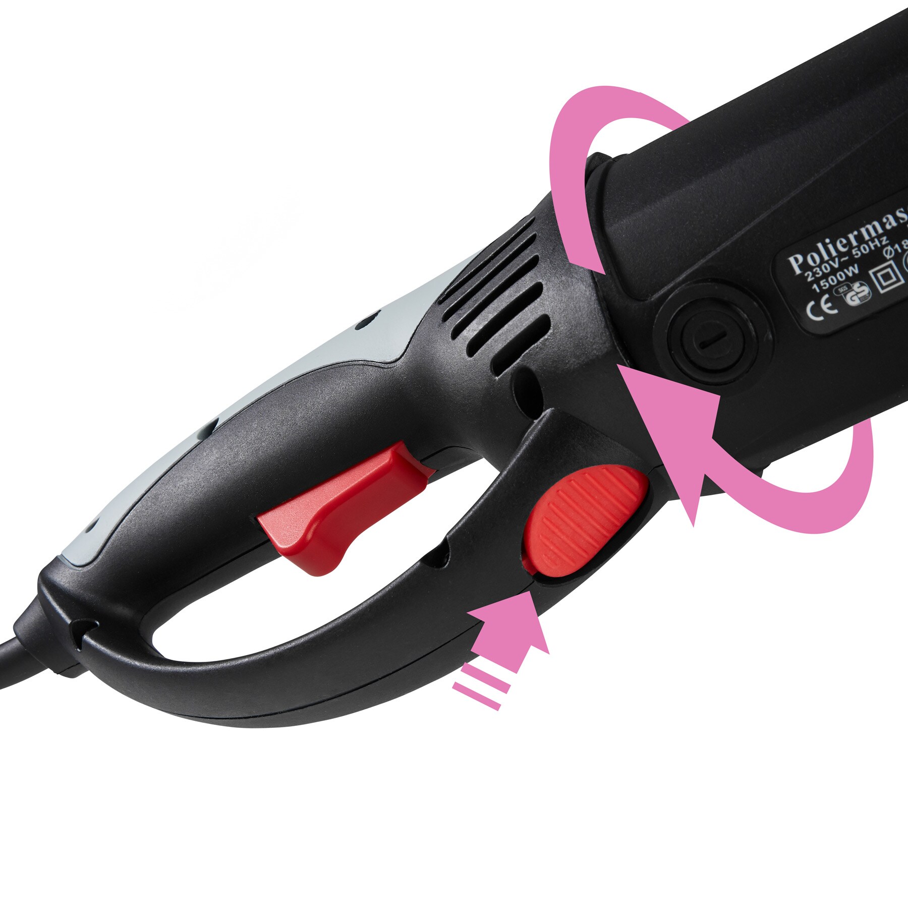 tectake® 37-teiliges Poliermaschinen-Set, 1500 W, mit 180° Drehgriff und zusätzlichem Stabgriff, inklusive Lackpolitur, 2 Mikrofasertüchern, Wischer, Schwamm, Handschuh, 4 Schleifpapieren, 2 Ersatzkohlen und Transportkoffer