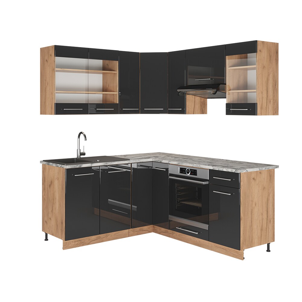 Vicco Eckküche Küchenzeile Einbauküche Fame-Line Eiche Anthrazit 190 cm modern Schubunterschrank Spülenunterschrank Eckunterschrank Herdumbauschrank Hängeglasschrank Hängeschrank Hochglanz