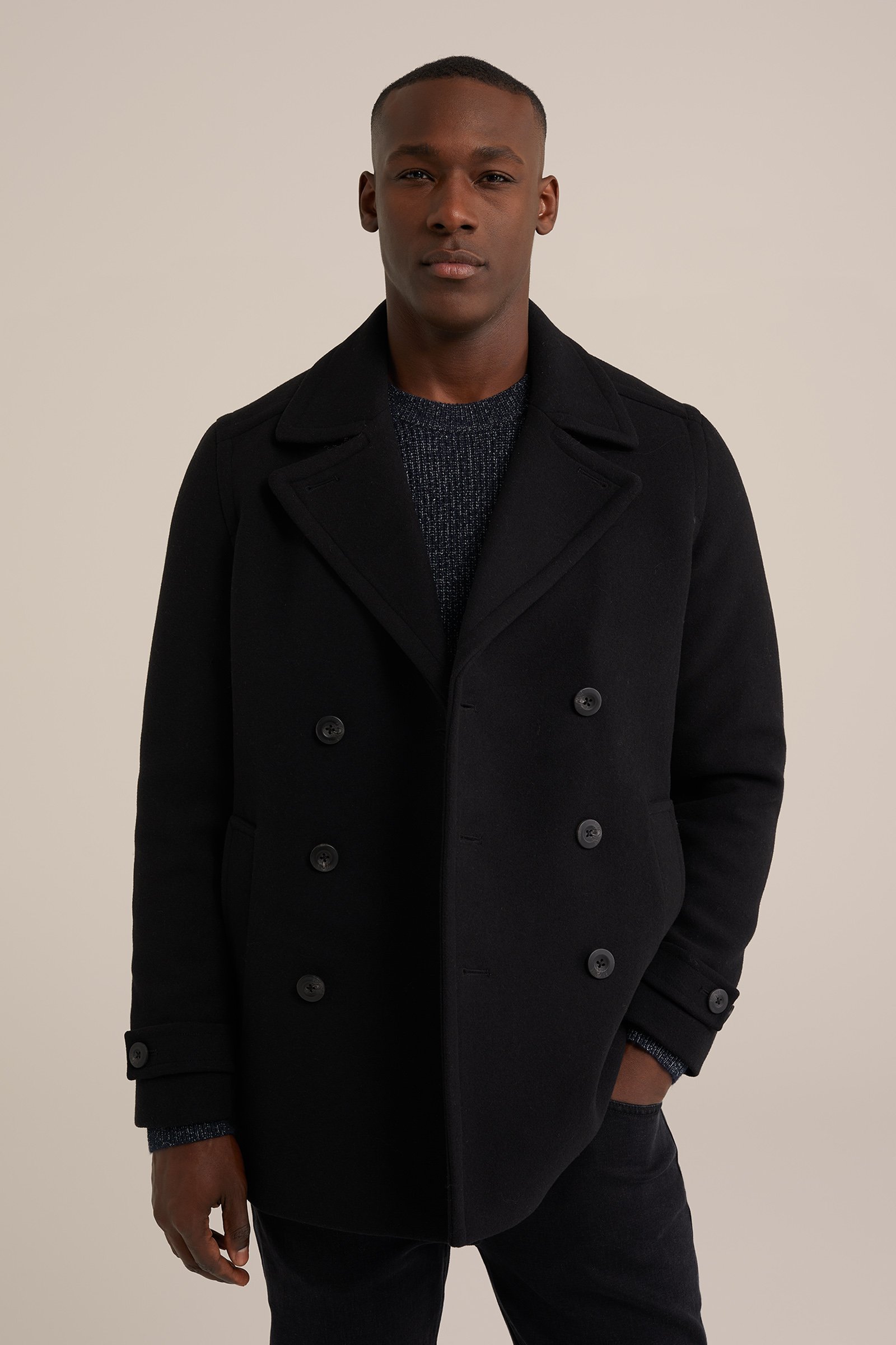 korte wollen jas met dubbele knoopsluiting WE Fashion Zwart