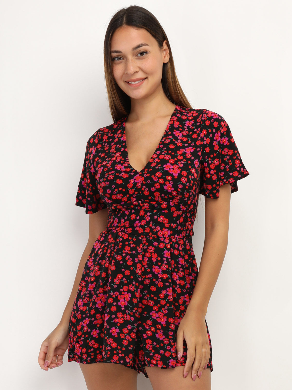 Combi-short à motif petites fleurs- Noir / Fuchsia