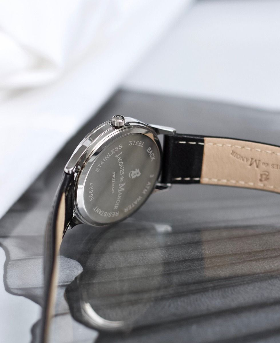 (Ø35mm) Swiss Made Emotion Quarz Leder Armbanduhr Analog (Gelenkumfang 190-220mm) - Schwarz / Silber