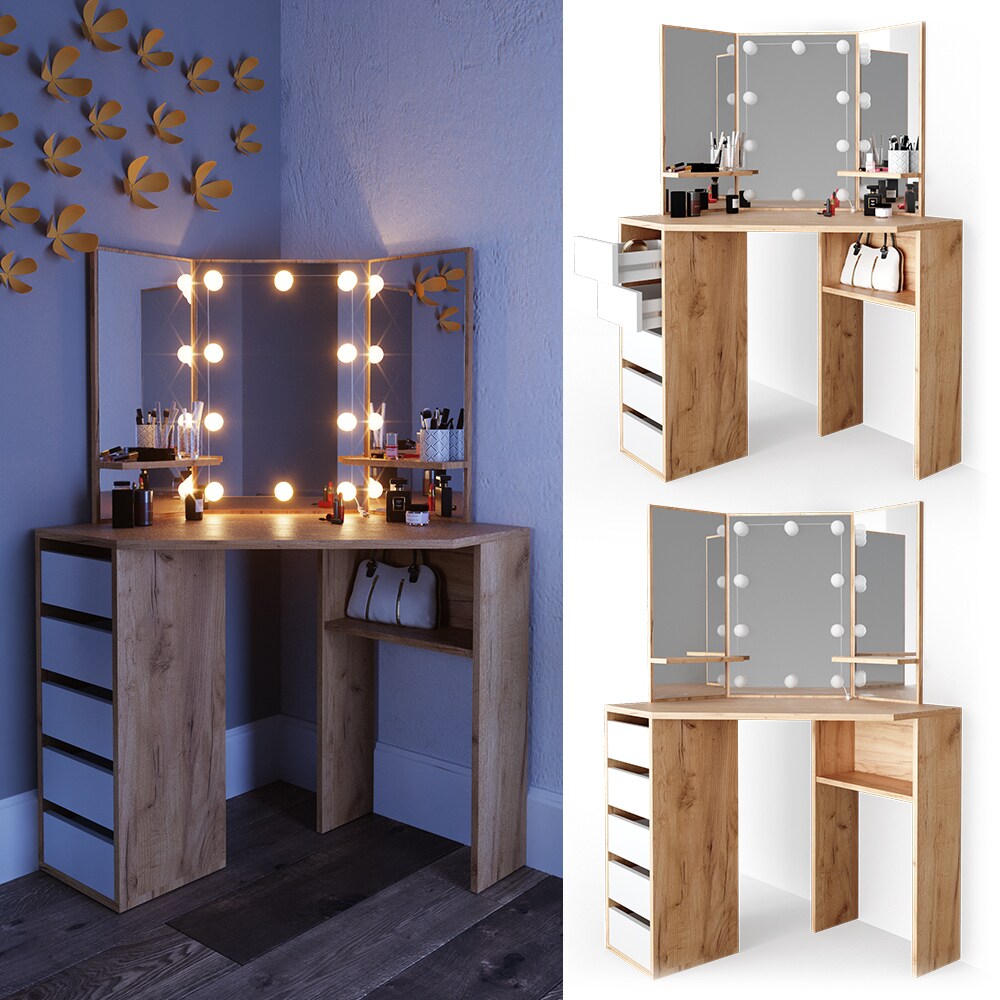 VICCO LED Eckschminktisch ARIELLE Kosmetiktisch Schminktisch Spiegel Eiche