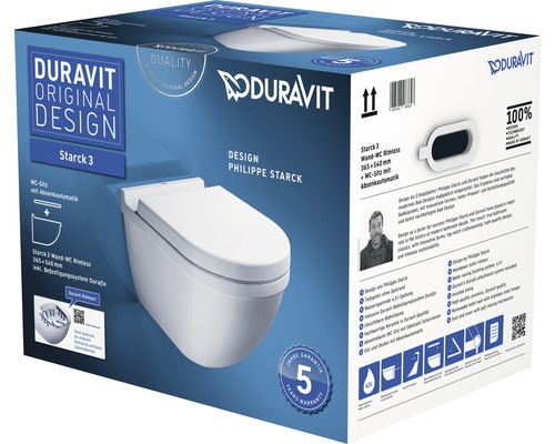 DURAVIT randloze wandclosetset Starck 3 Randloze witte toiletzitting met softclose-mechanisme 45270900A1