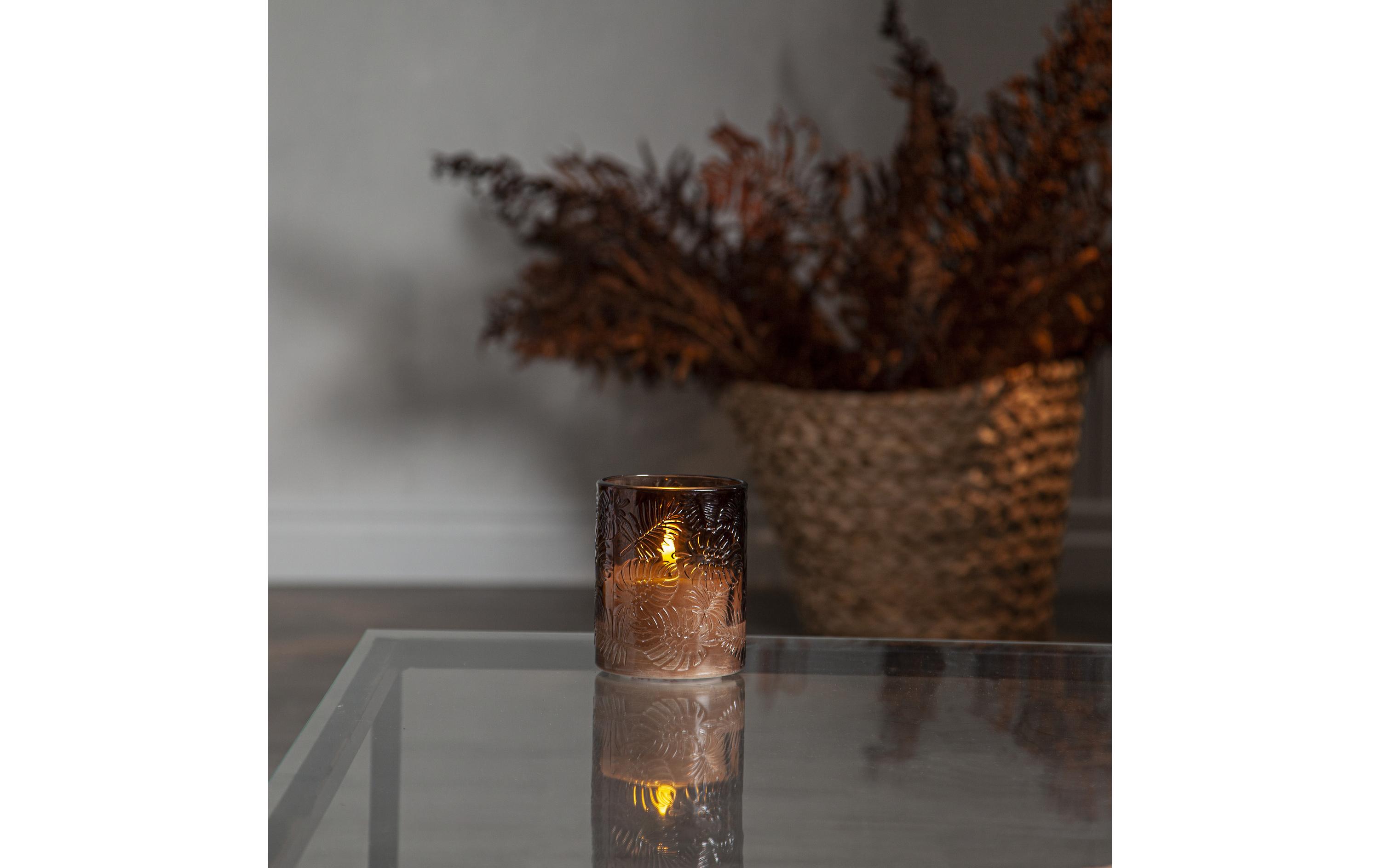 LED-Kerze Pillar Flamme Leaf, Ø 10 x 12.5 cm, BraunKerze aus Wachs mit LED Leuchte