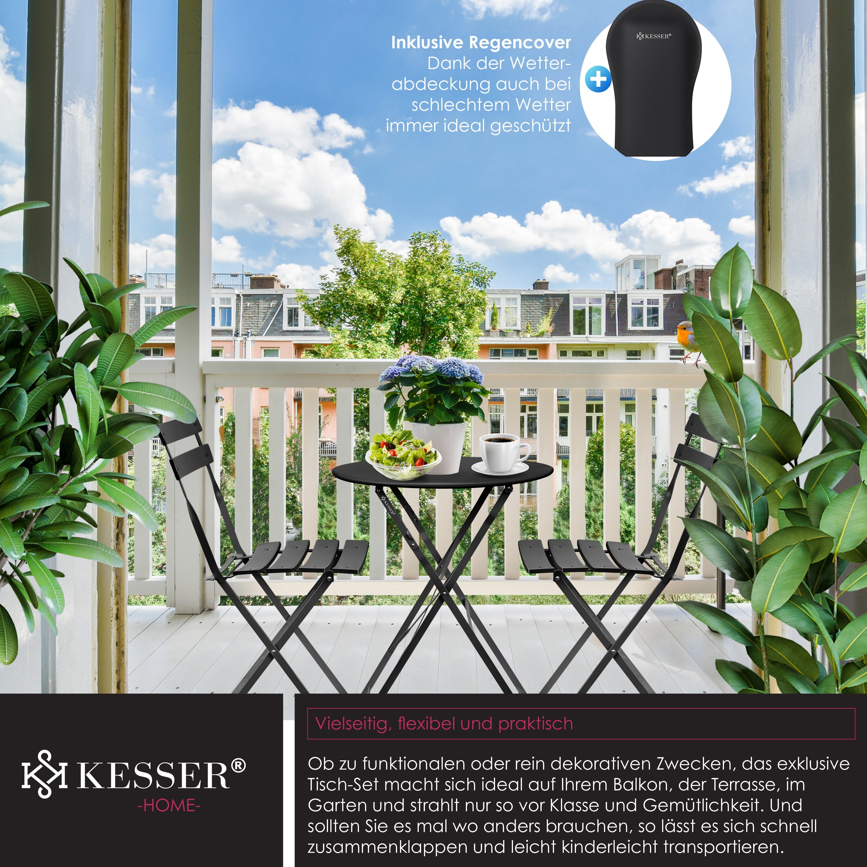 KESSER® Bistroset 3-teilig Bistrotisch mit 2 klappbaren Stühle Set Balkonset Balkonmöbel Klapp-Möbel Gartenset Sitzgarnitur Gartengarnitur Gartenmöbel Sitzgruppe Metall Bistro Gartentisch inkl. Abdeckung