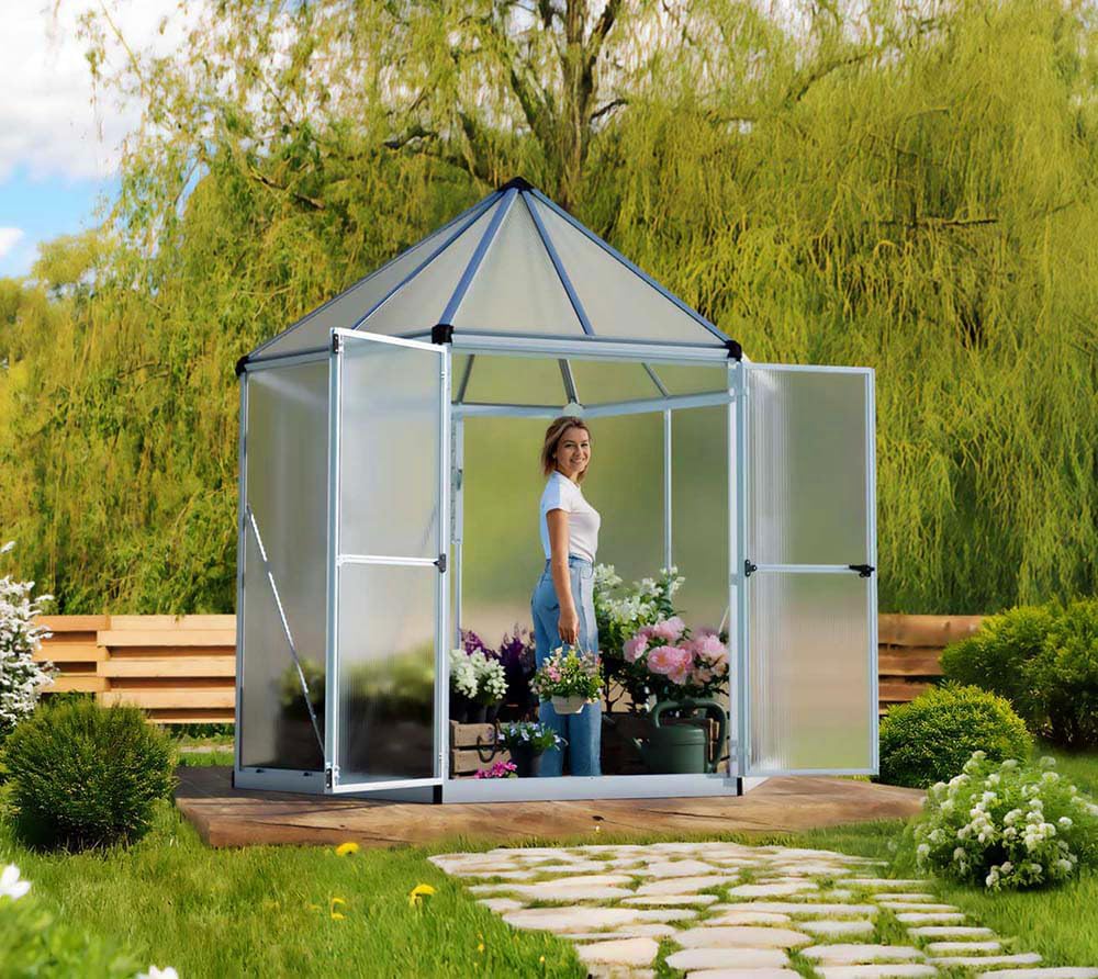 Palram Canopia Gewächshaus Hexa Aluminium Orangerie mit Fundament Stahlrahmen Polycarbonat Doppelstegplatten UV-beständig wetterfest für Garten