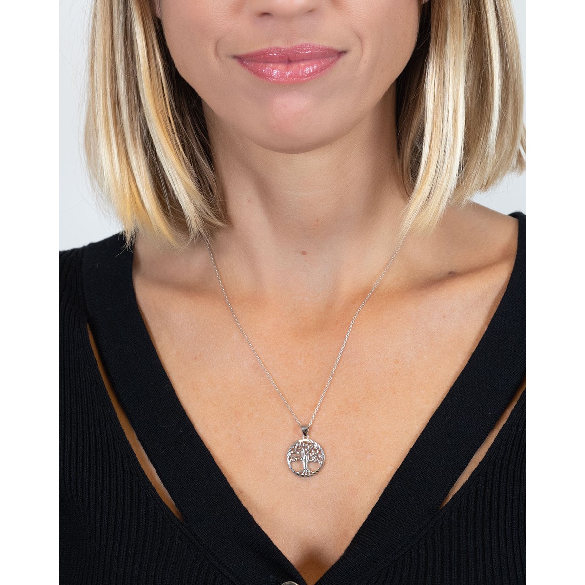 Pendentif argent rhodié arbre de vie forme ronde