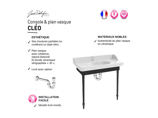 Console JACOB DELAFON Cléo 1889 avec plan vasque + colonne droite + miroir + robinet lavabo chromé + siphon chromé