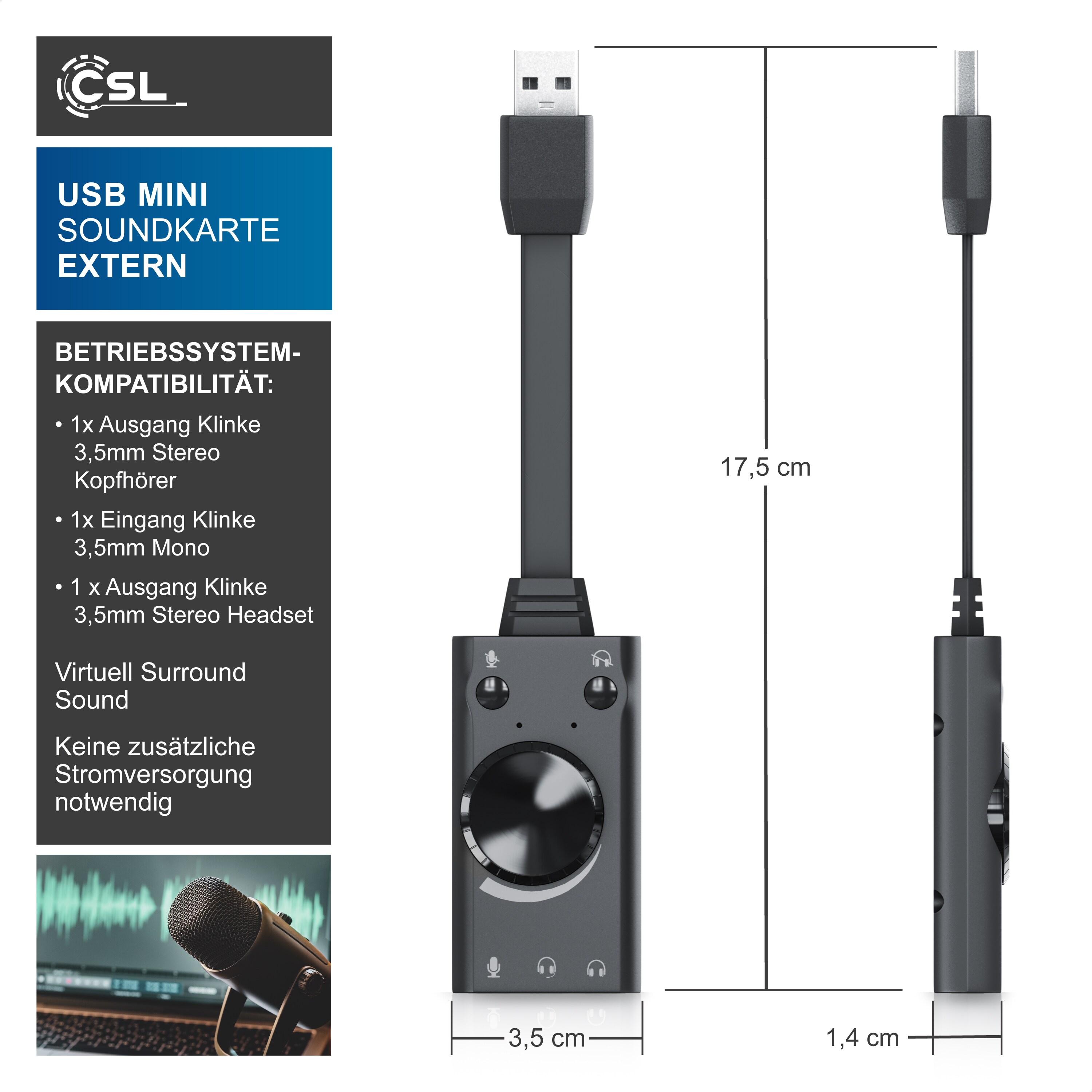 CSL USB-Soundkarte Surround Sound, mini externe USB Soundkarte mit Lautstärkenregelung