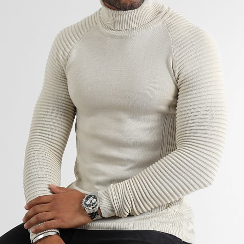 Pull Col Roulé Avec Empiecement Uni 0356 Beige