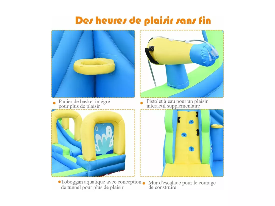 Château Gonflable avec Toboggan Aquatique/Pistolet de l'eau Fait en Plastique et vinyle, pour Enfants de 4 à 12 Ans, Charge Max 120 kg (Souffleur Non Inclus)