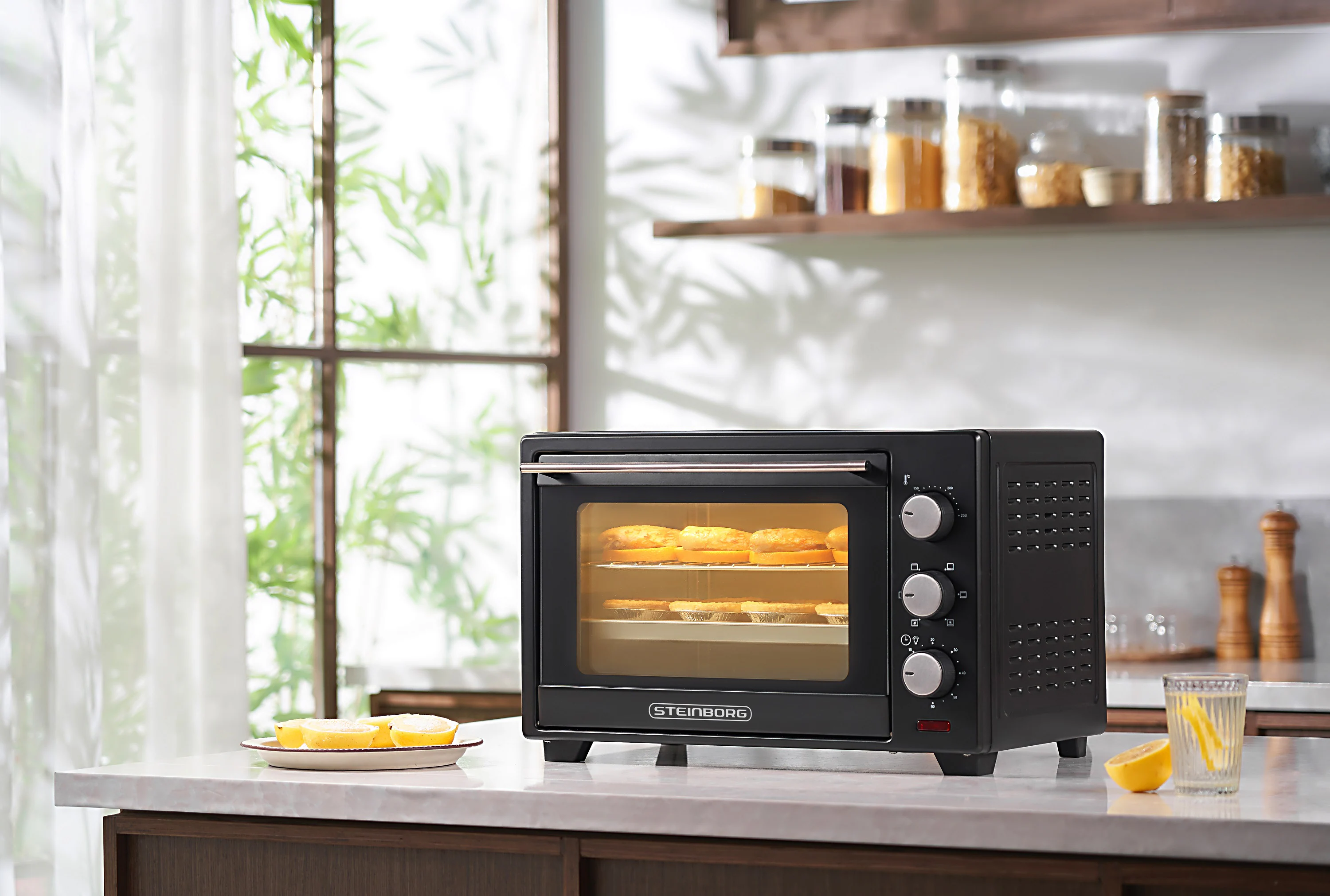 Steinborg Minibackofen Pizzaofen 25L mit Umluft 1600W schwarz