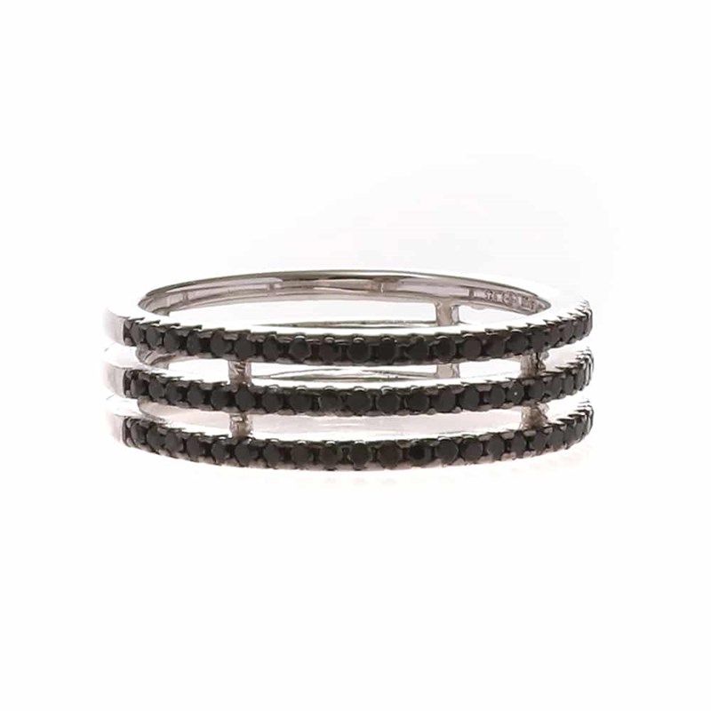 Bague Rhodié Triple Anneaux Sertis Noir