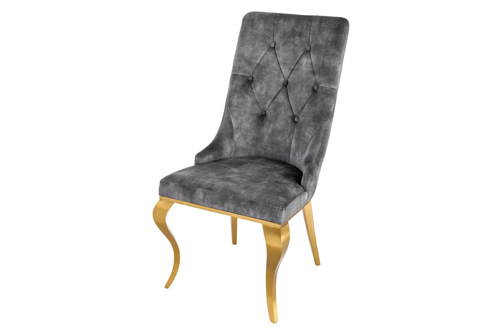 Eleganter Stuhl MODERN BAROCK grau Samt mit goldenem Löwenkopf