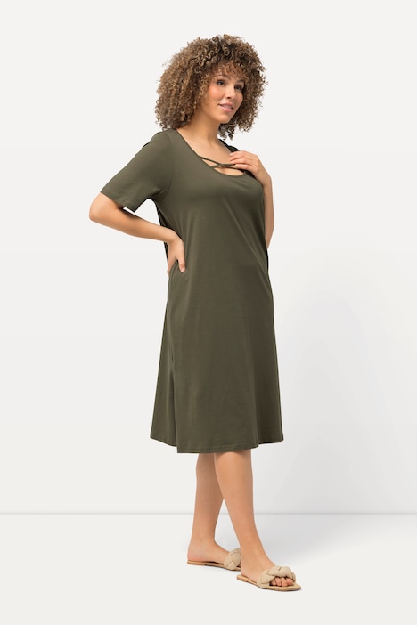 Jerseykleid, Zierbänder, A-Linie, Rundhals, Halbarm