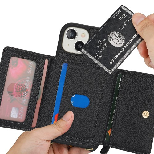 iPhone 14 / iPhone 13 Necklace Leder Hülle mit Münzfach und Kartenfächer   Finger Griff Halterung   Handykette - Schwarz