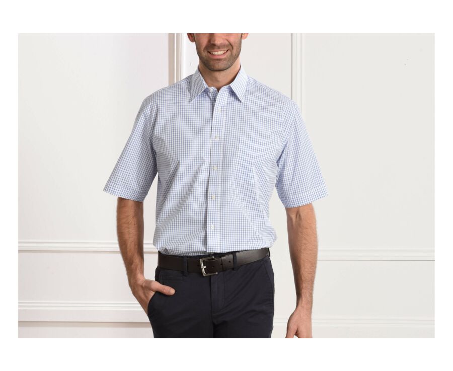 Chemise blanche carreaux bleus - Col français - HUGO MC