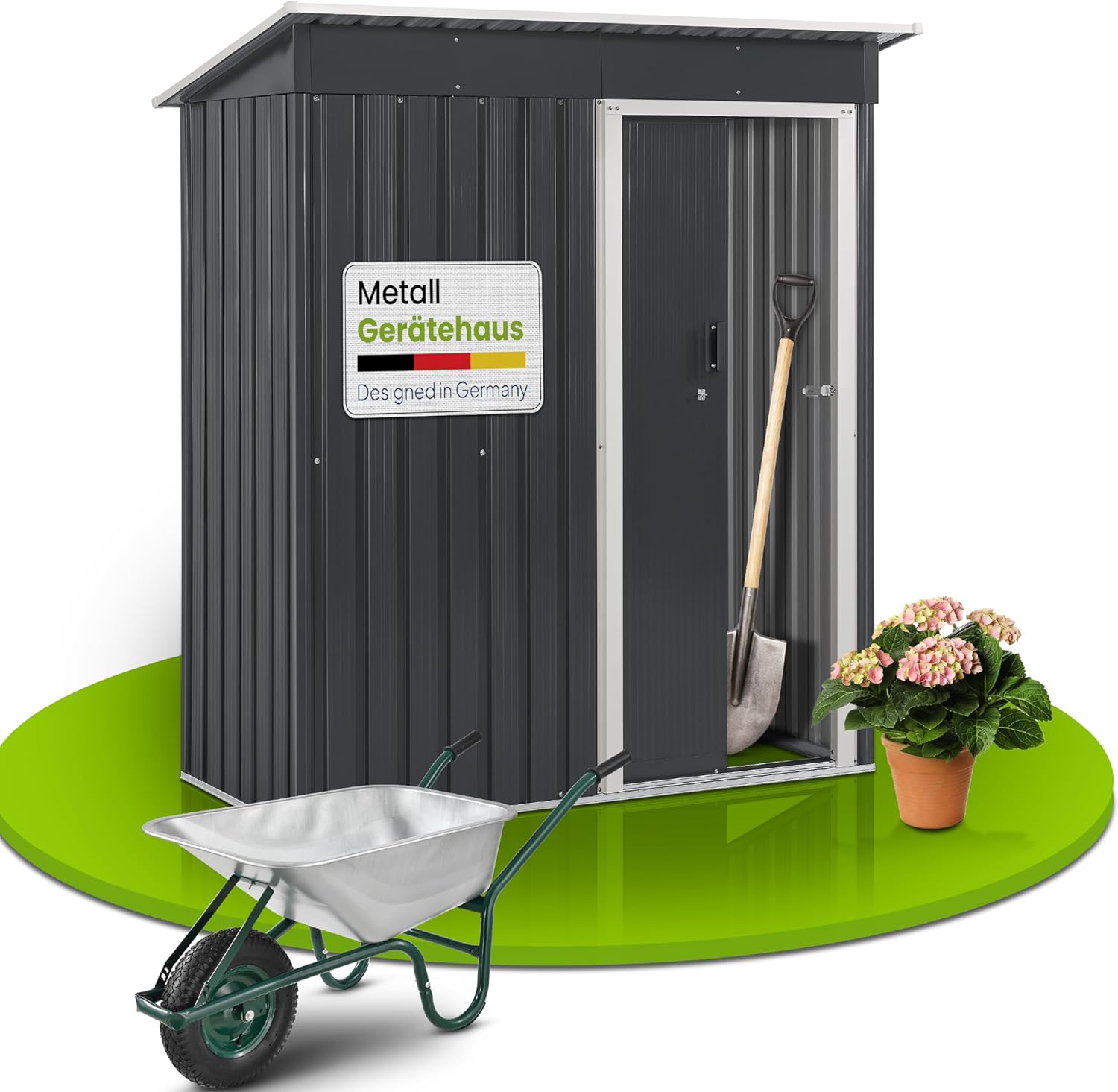 Juskys Metall Gerätehaus S mit 1 m², Pultdach, Schiebetür & Fundamentrahmen - 161 x 86 x 181 cm Geräteschuppen Gartenhaus Schuppen klein - Anthrazit