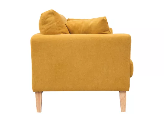 Canapé scandinave déhoussable 3 places en tissu effet velours jaune moutarde et bois clair OSLO