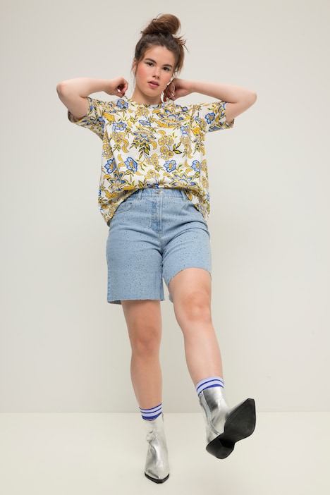 Jeans-Shorts, Wide Legs, High Waist, Ziersteinchen, Destroy-Effekte, 5-Pocket, Elastikbund,