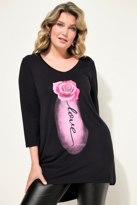 T-Shirt, A-Linie, Rosen-Motiv, 3/4-Ärmel