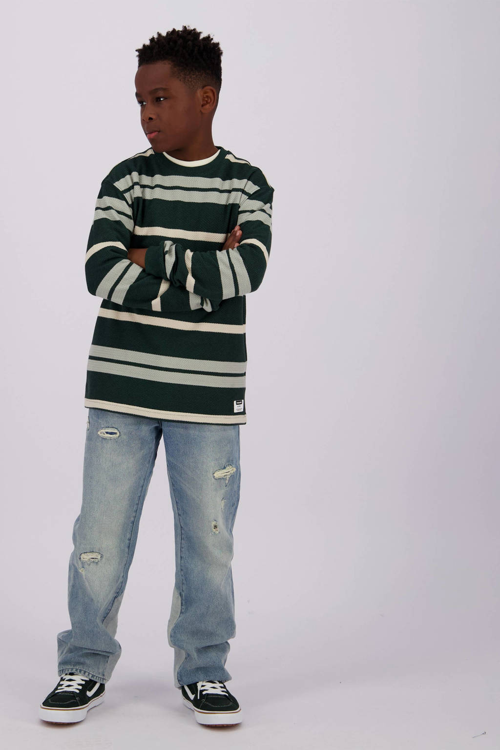 Vingino gestreepte longsleeve Jash donkergroen/ecru