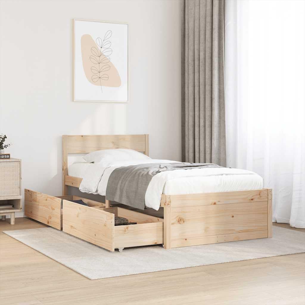vidaXL Massivholzbett mit Schubladen, Bett mit Kopfteil, Einzelbett für Schlafzimmer, Holzbett Bettgestell, 90x200cm Massivholz Kiefer