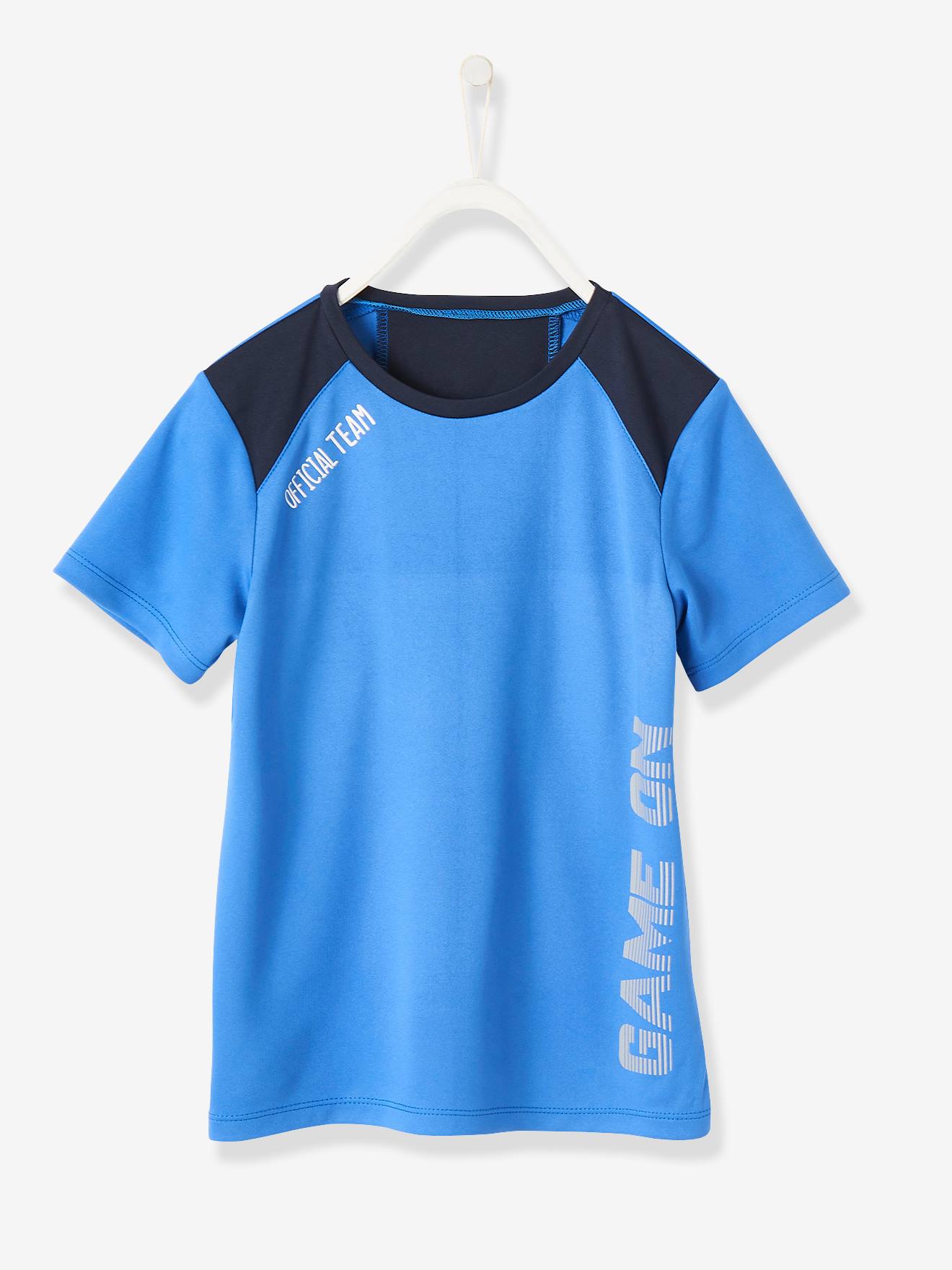 Camiseta esportiva infantil masculina em tecido técnico azul escuro liso com estampas.