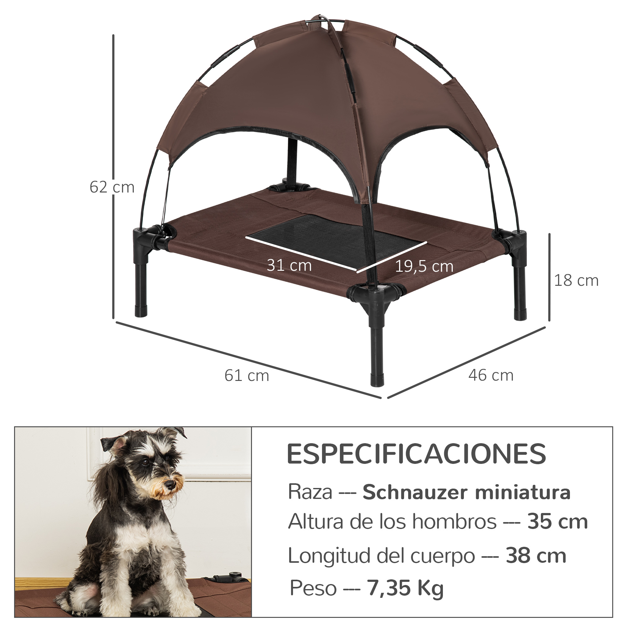 Cama portátil elevada para animais de estimação PawHut com cobertura removível, tecido respirável, para uso interno e externo, 61x46x62 cm, cor café.