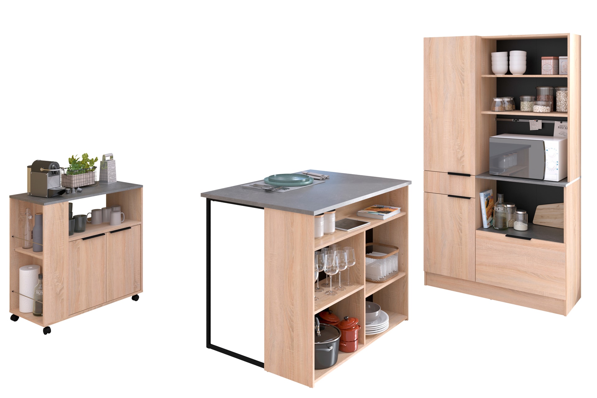 Parisot Küchenbuffet Fumay3, 3teilig Eiche Dekor/ Beton Optik