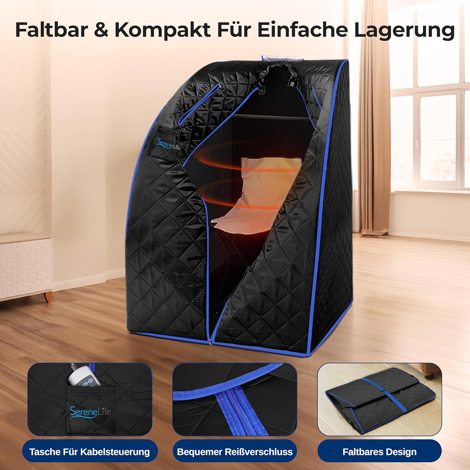 SereneLife Dampfsauna Zelt Schwarz 84×80×103 cm – Tragbare Heimsauna mit Stuhl und Heizmatte Faltbare Mini Sauna - Mobile Dampfbad Kabine bis 60°C, Carbon-Heizelement und Fernbedienung