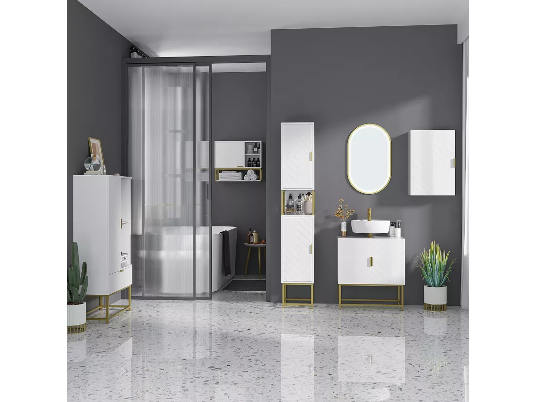 Armoire murale de salle de bain - porte, 2 étagères, 2 niches - acier doré MDF blanc
