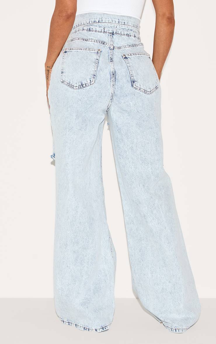 Light Blue Acid Wash Jean Large Taille Repliable Délavage Acide Déchiré Denim Shape