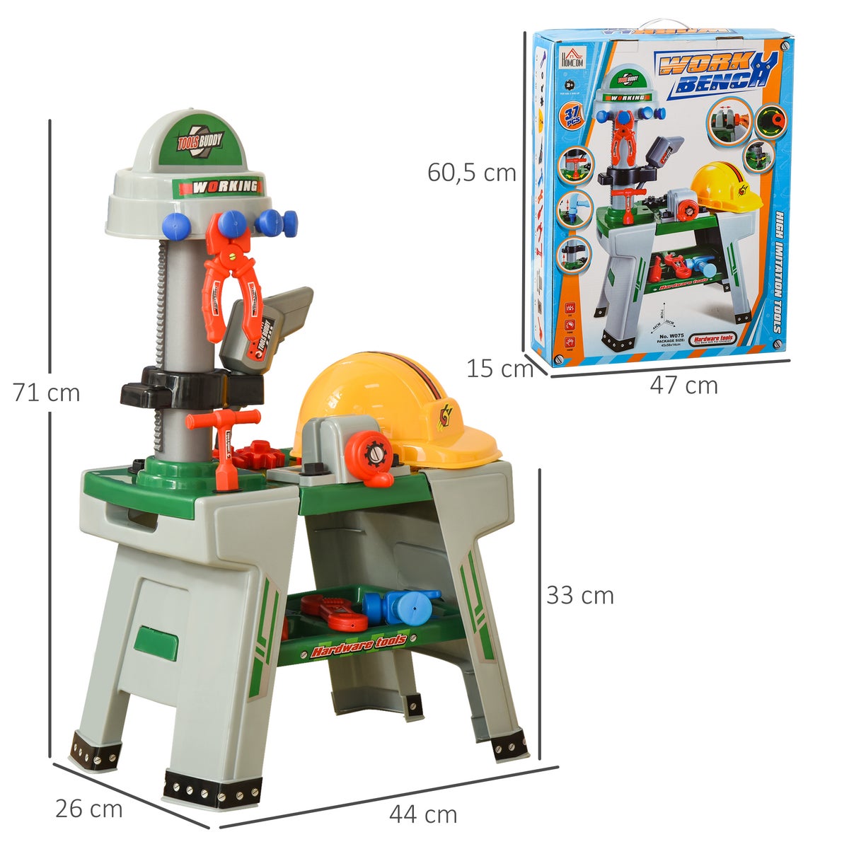 HOMCOM Kinderwerkbank met gereedschap, 44L x 26B x 71H cm, PP-kunststof, groen