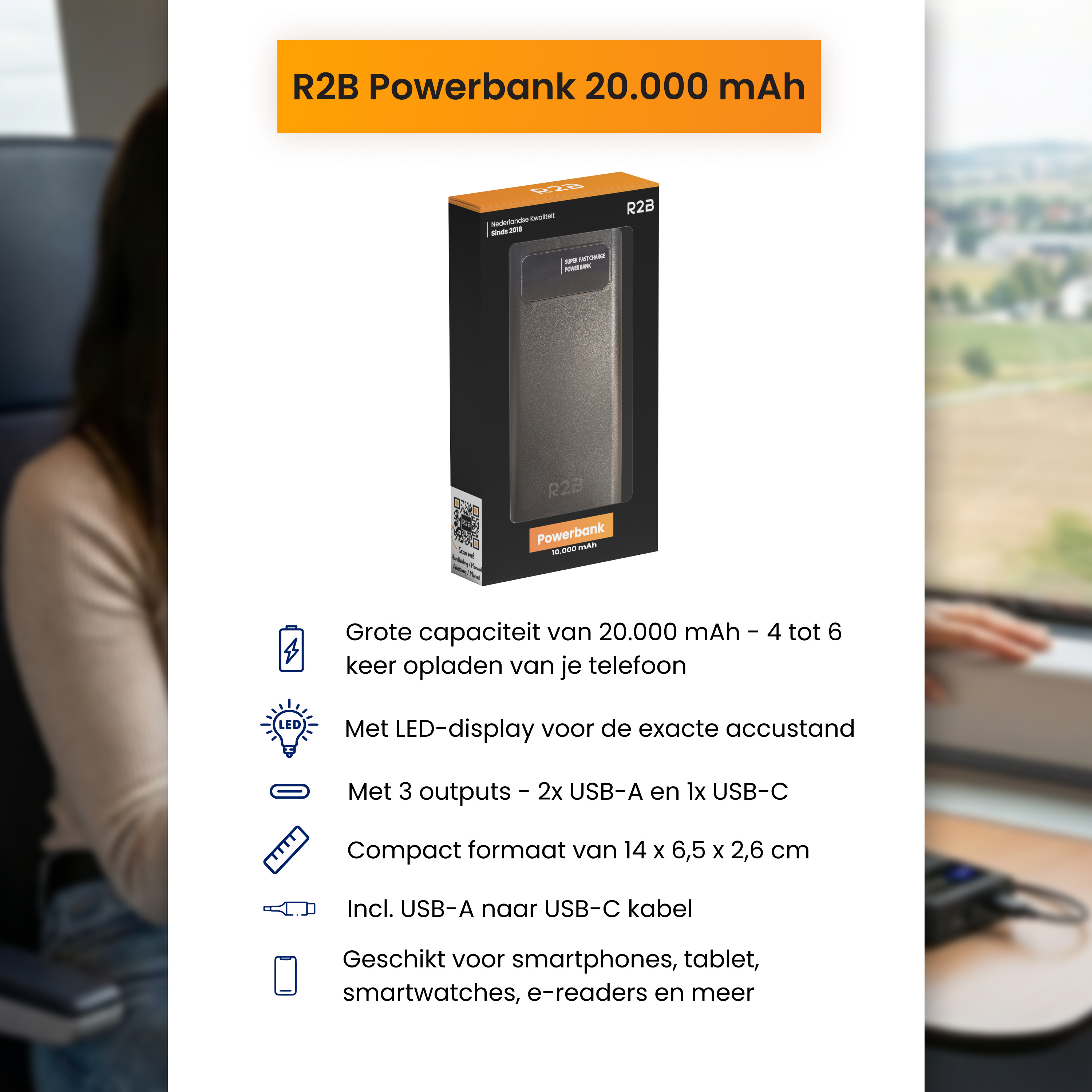R2B 20.000 mAh Snellader Powerbank met LED Display
