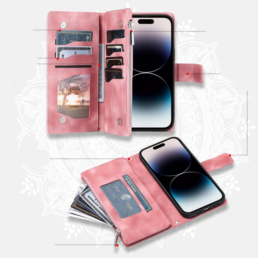 iPhone 16 Pro Max Leder Tasche Flip Cover mit Reissverschluss - Mandala Flowers Imprint - Rosa