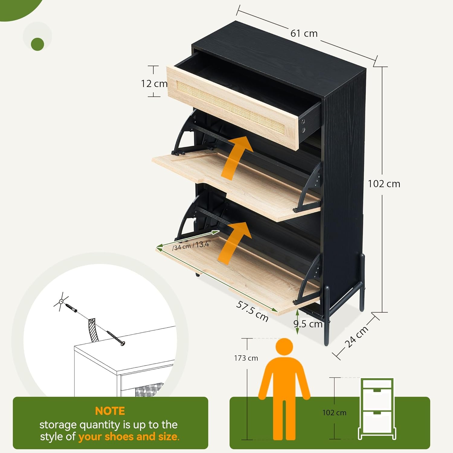 Schuhschrank Schmal Schuhkipper mit 2 Klappen, Schuhregal mit natürliches Rattan, Shoe Cabinet mit 4 einstellbar Ablageflächen, Schuhkommode für Flur Eingang 102 x 24 x 61 CM